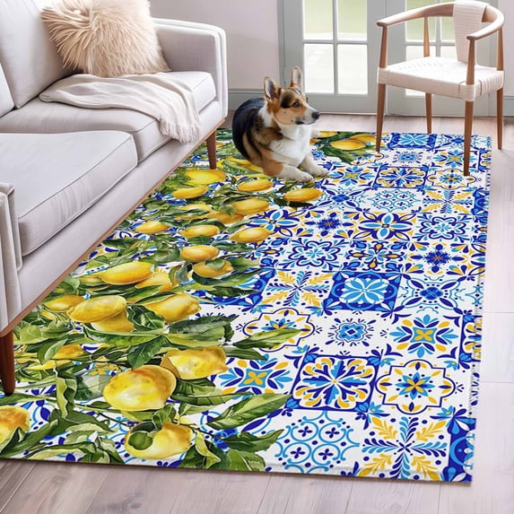 Lemons Area Rugs 4x6 ft National Style Summer Lemon Blue Floral Texture Washable Rug Non Slip Indoor Carpet Absorbent Floor Mat for Living Room Bedroom Dining Room