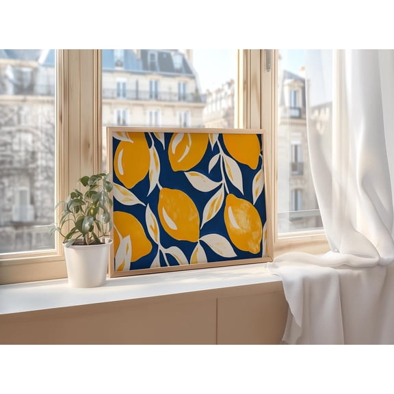 Lemons Art Print Blue Colorful Modern Wall Art Kitchen Decor Cute Fruit Retro, Unframed Canvas 8x10in
