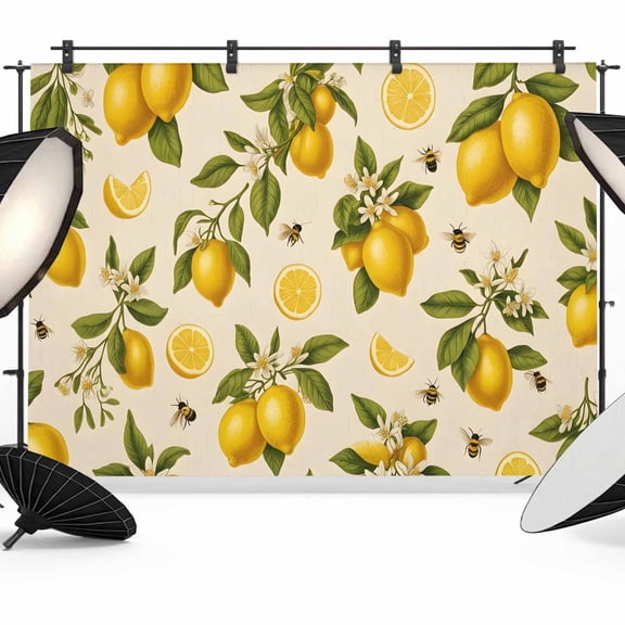 Lemons Backdrops for Photography, Green Leaves Bees Branches Fruit Floral Summer Fabric Photo Background Sturdy Studio Props for Photo Studio, Video Recording, Booth & Photoshoot 7x5ft