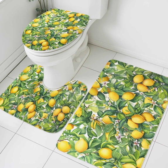Lemons Bathroom Rugs Set Watercolor Summer Lemon Trees Plant Non Slip Absorbent Soft Bath Mats 3 Piece Set with Bathroom Rug, U-Shaped Floor Mat, Toilet Seat Cover Large Size