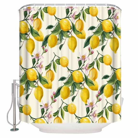 Lemons Bathroom Shower Curtains with 12 Hooks Polyester Waterproof Shower Curtain for Stalls and Bathtubs Summer Botanical Yellow Fruit Leaves Flowers Decorative Bathroom Privacy Curtain 72x96 Inches