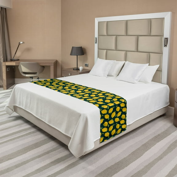 Lemons Bed Runner, Citrus Cartoon with Leaves on Dark Background, Decorative Accent Bedding Scarf for Hotels Homes and Guestrooms, King, Dark Teal Yellow, by Ambesonne