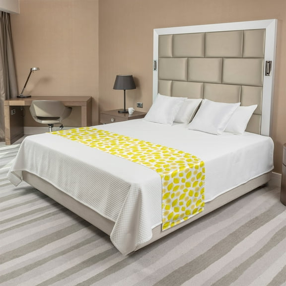 Lemons Bed Runner, Continuous Gradient Summer Tones Citrus Fruits Delicious Sour Taste Pattern, Decorative Accent Bedding Scarf for Hotels Homes and Guestrooms, King, Yellow and White, by Ambesonne