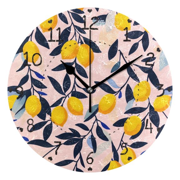 Lemons Black Leaves Round Wall Clock Silent Analog Battery Operated Black Pointer Home Decor 9.84" Diameter