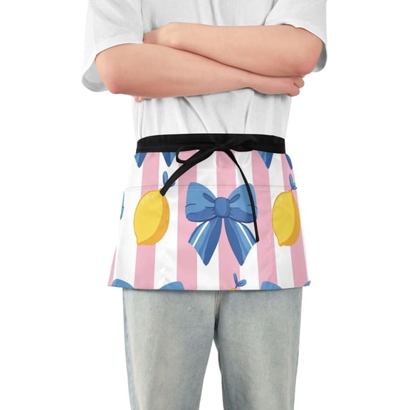 Lemons Blue Bows Pink Stripes Short Server Apron with 3 Pockets for Unisex Chef Gardening