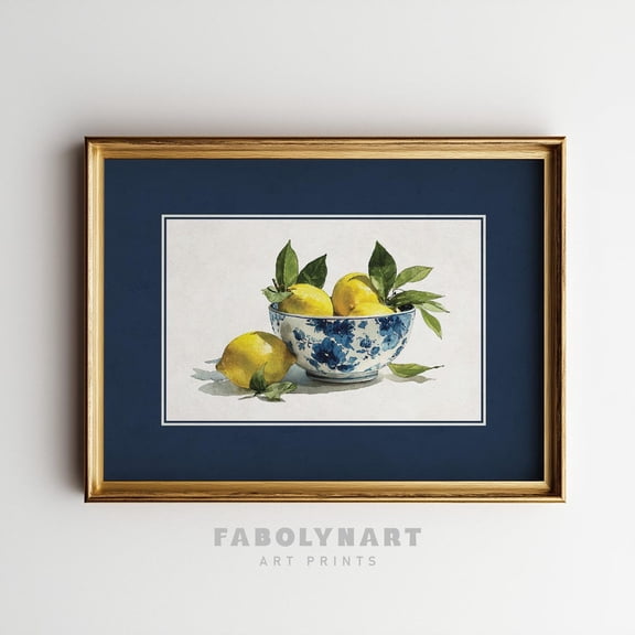 Lemons Blue Chinoiserie Wall Art Lemon Bowl Mediterranean Farmhouse Decor, Unframed Canvas