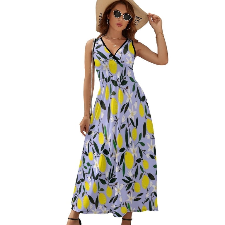 Lemons Blue Dress Fashion Boho Beach Long Dresses Female Party Printed Maxi  Dress