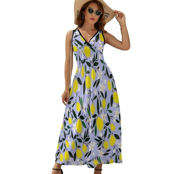 Lemons Blue Dress Fashion Boho Beach Long Dresses Female Party Printed Maxi Dress