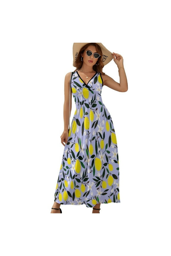 Lemons Blue Dress Fashion Boho Beach Long Dresses Female Party Printed Maxi Dress