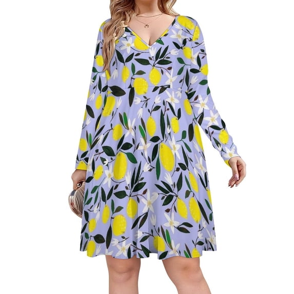 Lemons Blue Long Sleeve Dresses For Women Vintage Elegant Party Dress Oversized V-neck Dress S-8XL