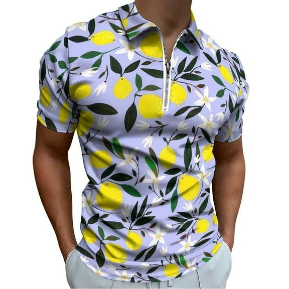 Lemons Blue Men Zipper T-shirt Summer Casual Short Sleeve T-shirt Top