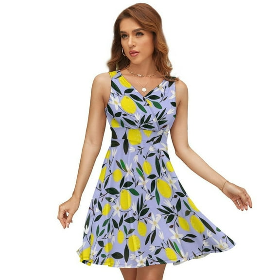 Lemons Blue Sleeveless Dress Women Summer Evening Dresses Ladies Sundress