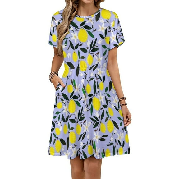 Lemons Blue Sundress Short Sleeve Dress Summer Women Clothes Dress for Women Dresses