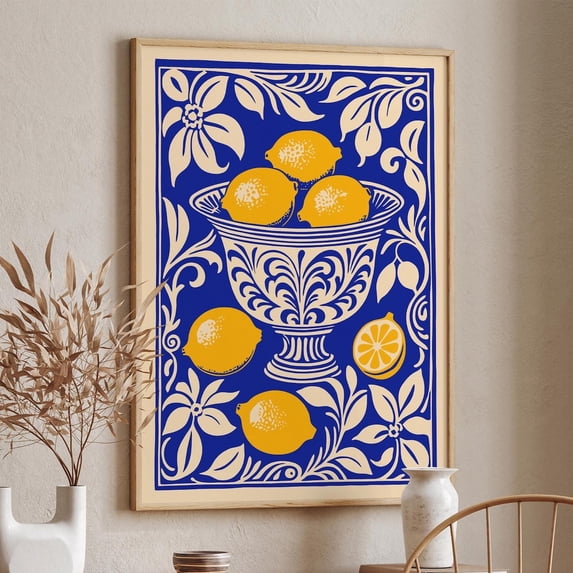 Lemons Blue Yellow Farmhouse Kitchen Decor Poster, Unframed Paper Poster 8x10in