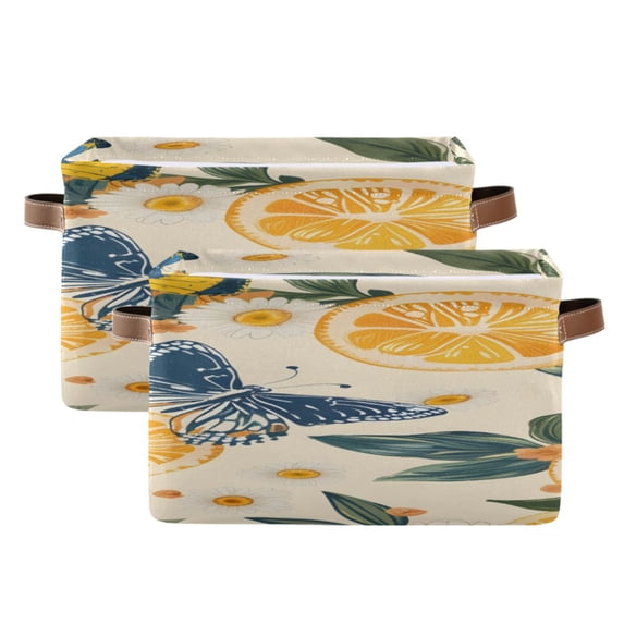 Lemons Butterflies Leaves Daisies Square Storage Bins with Handles Collapsible Containing Box 2 Packs