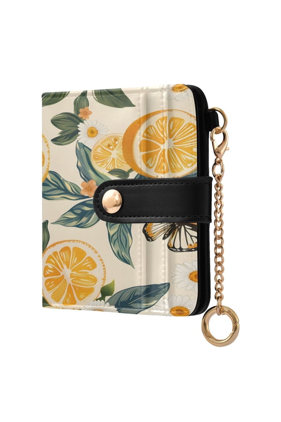Lemons Butterflies Leaves Daisies Women's Wallet PU Leather Card Cases RFID Blocking Purse Billfold with Key Ring