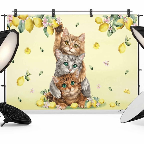 Lemons Cats Backdrop for Photography,Fabric Photo Background Backdrop,Summer Rustic Botanical Fruits Yellow Photo Booth Background for Portrait Photoshoot Video Wedding Studio Decoration Banner 7x5ft