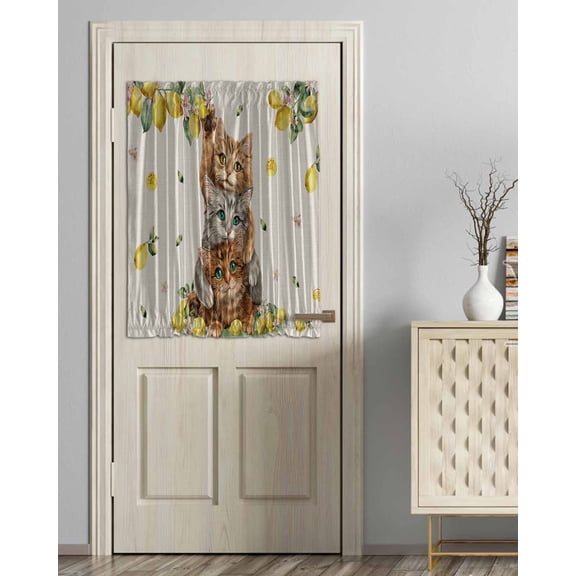 Lemons Cats Blackout Curtains, French Door Curtains for Door Window, Summer Rustic Botanical Fruits Burlap Privacy Drapery for Patio/Sidelight Doors, 1 Panel with Tieback, 54 x 40 Inches