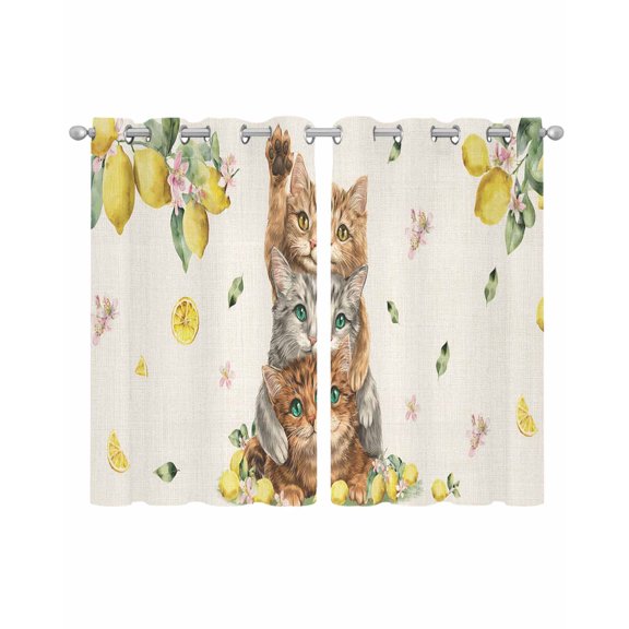 Lemons Cats Sheer Curtains 39 Inch Length 2 Panels Set for Living Room/Bedroom, Summer Rustic Botanical Fruits Burlap Kitchen Curtains Grommet Semi-Sheer Curtains Drapes Window Treatments 27.5"x39"x2