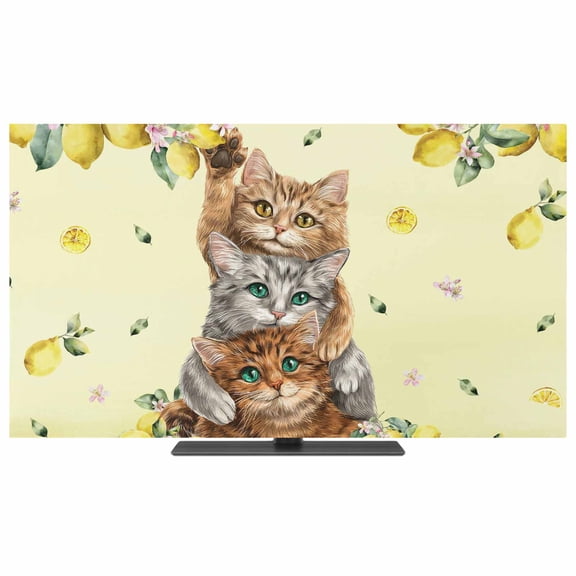 Lemons Cats TV Dust Cover,Stretchable TV Screen Desktop Computer Protector Cover,Summer Rustic Botanical Fruits Yellow Television Dustproof Slipcover Indoor Outdoor for 19–24 Inch Flat or Curved TVs