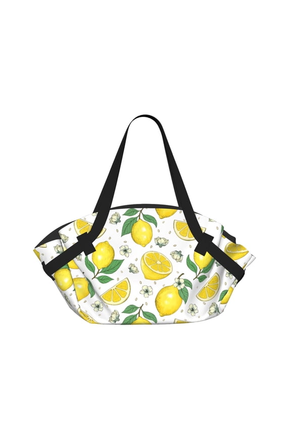 Lemons Circular Beach Blanket Picnic Mat for 2 – Foldable into Tote Bag, Waterproof Sandproof Portable Outdoor Rug with Pockets & Snaps for Camping, Travel, Park