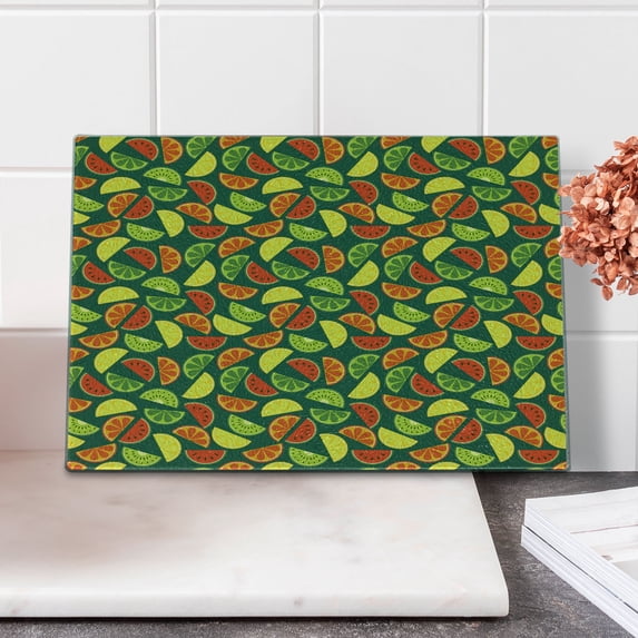 Lemons Cutting Board, Healthy Organic Exotic Food Semi Sliced Watermelon Orange Kiwi Lime Graphic Fruits, Decorative Tempered Glass Cutting and Serving Board, in 3 Sizes, by Ambesonne