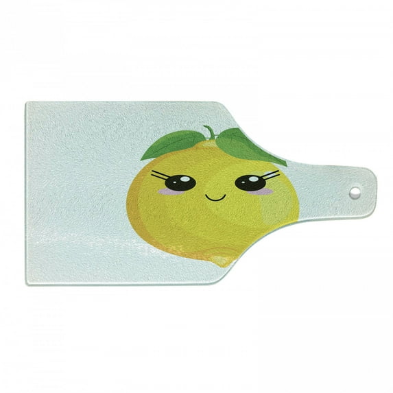 Lemons Cutting Board, Looking Simplistic Citrus Kawaii on Plain Background, Decorative Tempered Glass Cutting and Serving Board, in 3 Sizes, by Ambesonne