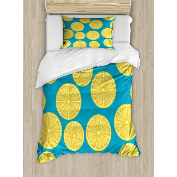 Lemons Duvet Cover Set, Citrus Slices Simplistic Summer Theme Tasty Refreshing Pattern, Decorative 2 Piece Bedding Set with 1 Pillow Shams, Twin Size, Sea Blue Earth Yellow, by Ambesonne