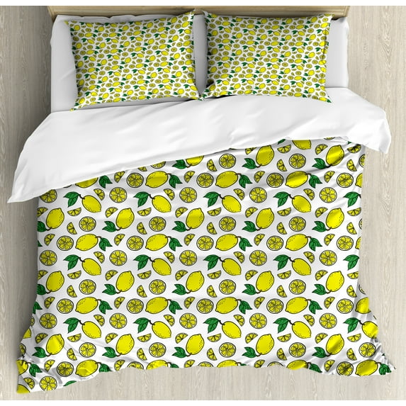 Lemons Duvet Cover Set, Vibrant Summer Colors Tropical Tasty Citrus Fruit Blossoms Hand Drawn Print, Decorative 3 Piece Bedding Set with 2 Pillow Shams, King Size, Yellow and Green, by Ambesonne