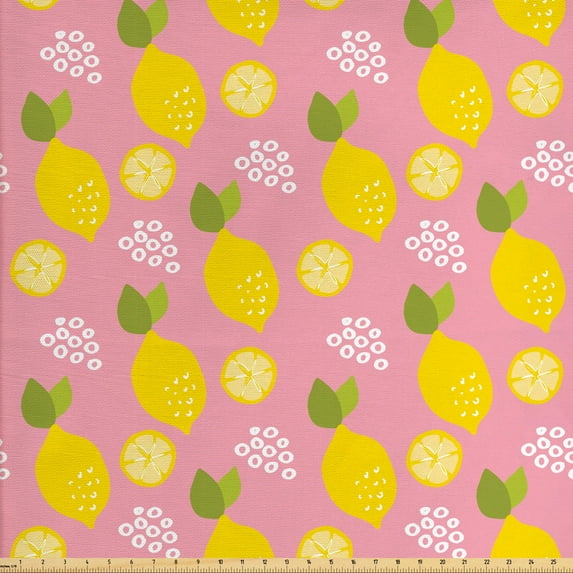 Lemons Fabric by the Yard, Citrus Leaves Cartoon in Pastel Colors Illustration, Decorative Upholstery Fabric for Sofas and Home Accents, Yellow Green Pale Pink by Ambesonne