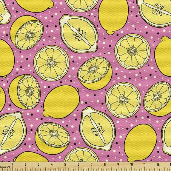Lemons Fabric by the Yard, Continuous Pop Colors Citrus Slices Cartoon Print, Decorative Upholstery Fabric for Chairs & Home Accents, Pink Yellow and Cream by Ambesonne