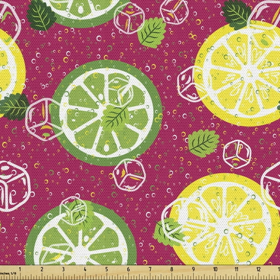 Ambesonne Lemons Fabric by the Yard Upholstery, Sliced Citrus Lime Cubes, 10 Yards, Magenta Green
