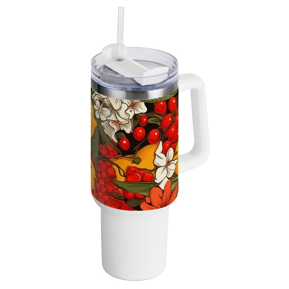 Lemons Flowers Floral Cherries 40 oz Tumbler with Handle Insulated Travel Mug Lid Straw Leak Proof Steel Vacuum Water Bottles Glasses Fits in Car Cup Holder