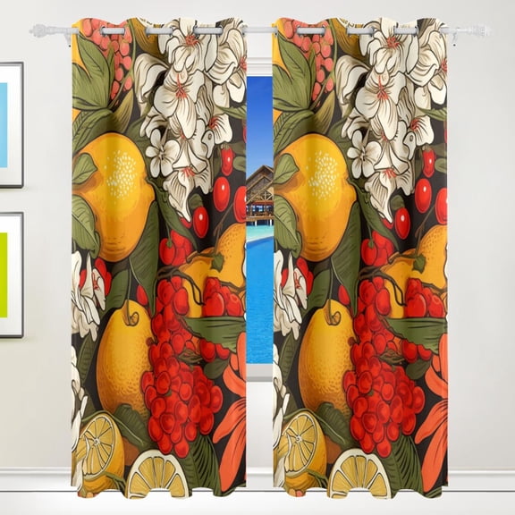 Lemons Flowers Floral Cherries Black Out Curtains 84 Inch Length for Bedroom Living Room Windows 2 Panels Set