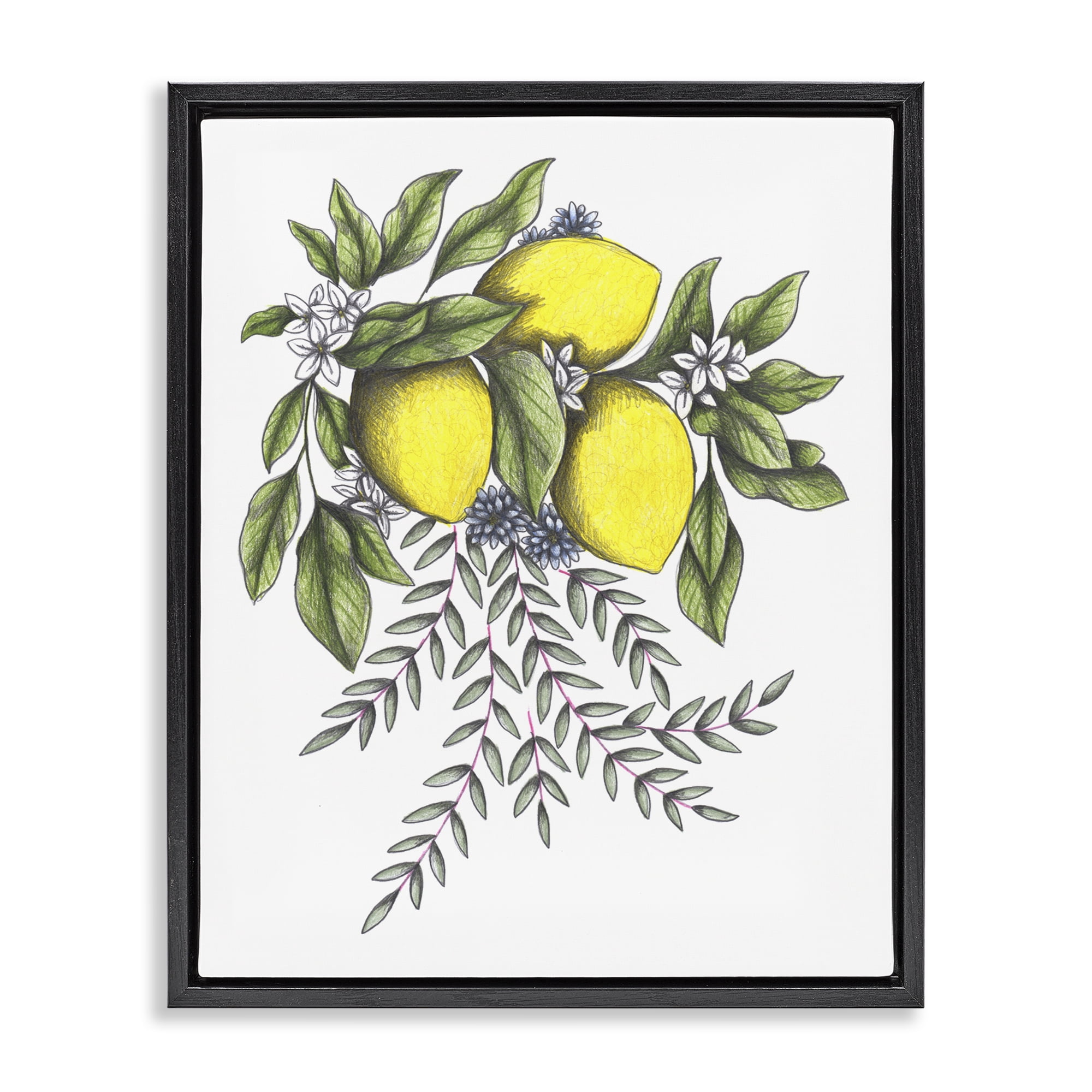 Lemons & Flowers Vintage Sketch Black Framed Floater Canvas Wall Art, design by Cecilia Battaini