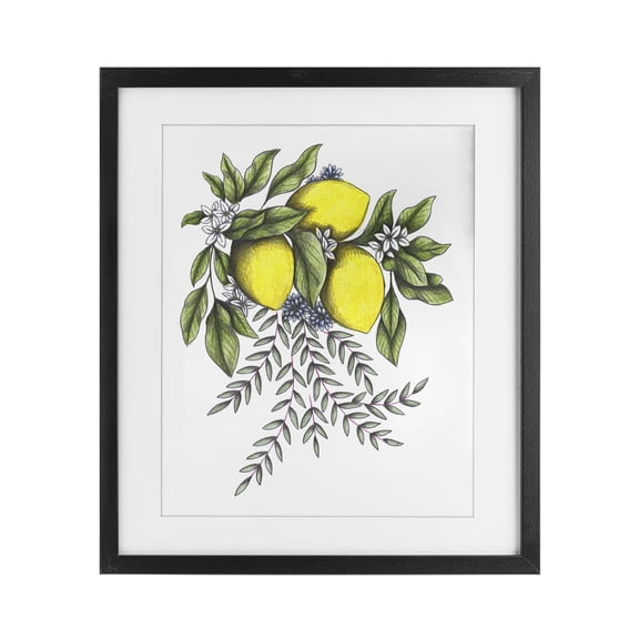 Lemons & Flowers Vintage Sketch Black Framed Print Under Glass, design by Cecilia Battaini