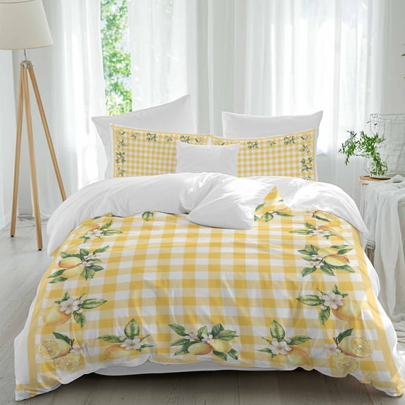 Lemons Fruit Queen Size Comforter Set, White Flowers Summer Yellow Plaid Farm Bedding for All Seasons, 4 Pcs Bed Set, 1Quiltcover (90"x92") ,1Sheet(94"x116"), 2Pillowcases (30"x20")