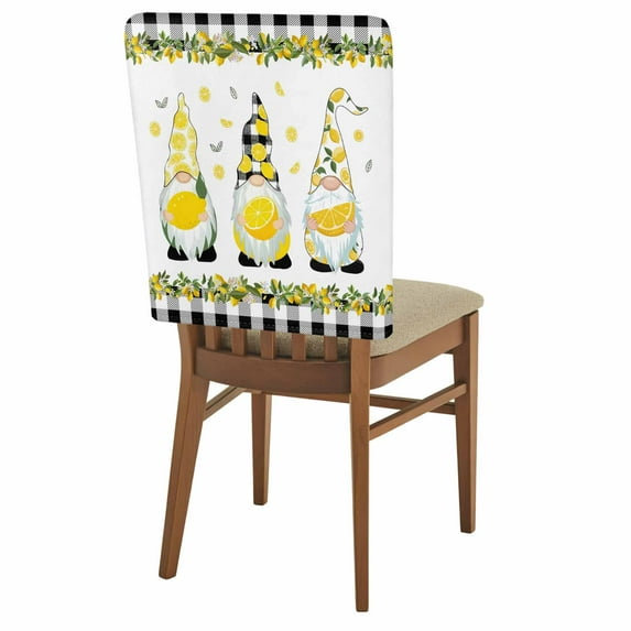 Lemons Gnome Chair Back Covers Set of 6, Fruit Green Leaf Black Plaid Idyllic Farm Stretch Dining Chair Back Slipcovers Removable Seat Cover for Kitchen Restaurant Hotel Cafe