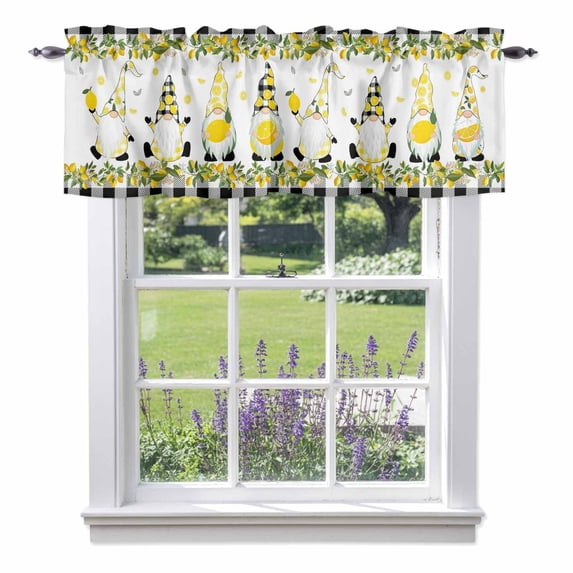 Lemons Gnome Valance Curtain for Windows Fruit Green Leaf Black Plaid Idyllic Farm Rod Pocket Curtain Valances Short Window Treatments Panels for Kitchen Bathroom Laundry Room Basement 54 x 18 Inch