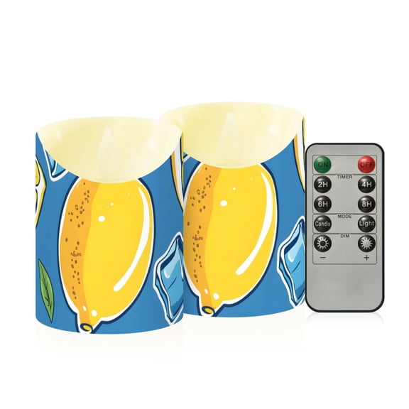 Lemons Ice Cubes Leaves Flickering Flameless Candles with Remote Timer Battery Operated LED Tealight Set of 2 S