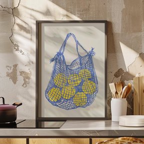 Lemons In A Blue Net Bag Minimalist Drawing Or Lemons In Mesh Kitchen Decorative Nursery Poster , Poster Print Only