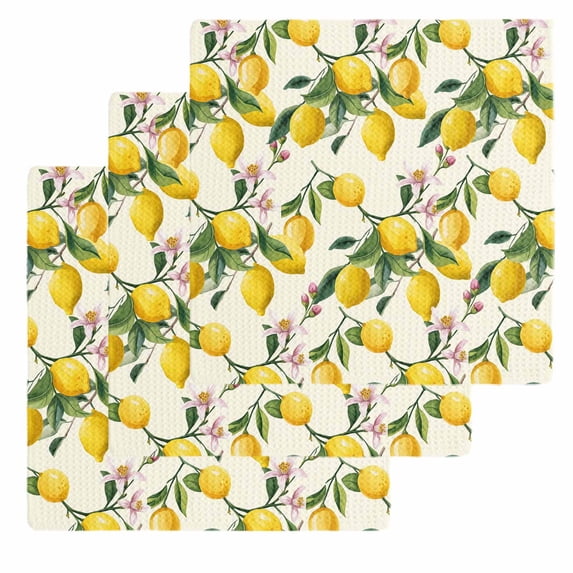 Lemons Kitchen Dish Towels for Drying Dishes Set of 3, Summer Botanical Yellow Fruit Leaves Flowers Waffle Weave Microfiber Hand Tea Bathroom Towels Quick Dry & Absorbent Towel 12x12