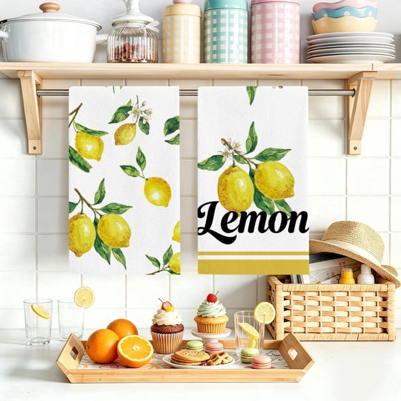 Lemons Kitchen Towels Set of 2, 26 x18 inch Absorbent Polyester Dish Towels for Spring Summer Farmhouse Kitchen Decor & Gifting