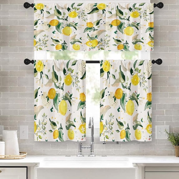 Lemons Kitchen Window Curtains Valance and Tier Set 36 Inch, Summer Fruit Watercolor Rod Pocket Short Tier Curtain for Bathroom, Abstract Small Cafe Drapes for Kitchen Decor