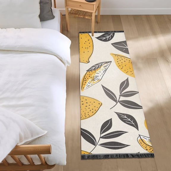 Lemons Leaves Hand Drawn Bedside Runner Rug 2'x 6' Non Slip Carpet Floor Mat Area Rug