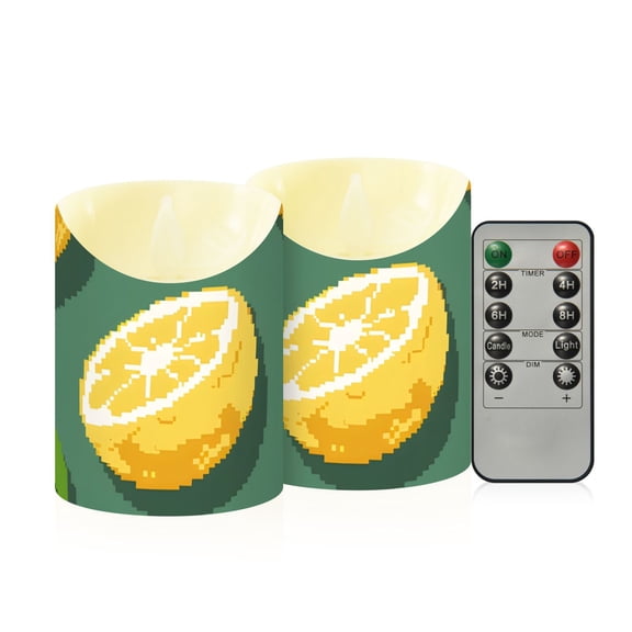Lemons Leaves Pixel Style Flickering Flameless Candles with Remote Timer Battery Operated LED Tealight Set of 2 M