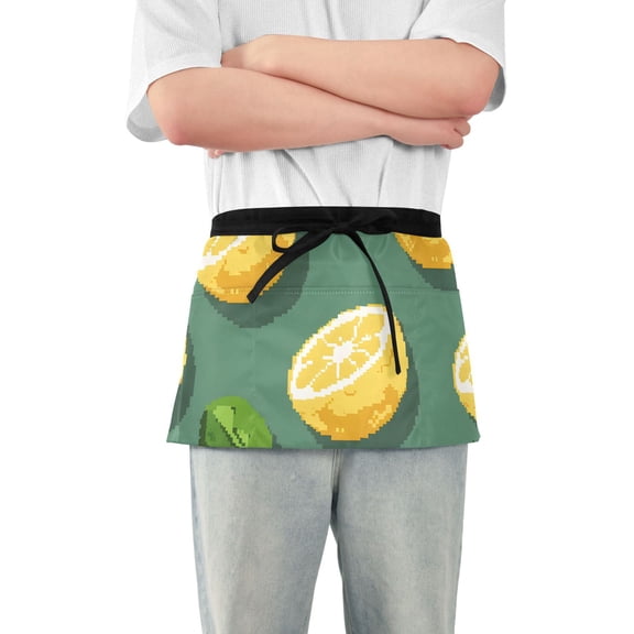 Lemons Leaves Pixel Style Short Server Apron with 3 Pockets for Unisex Chef Gardening