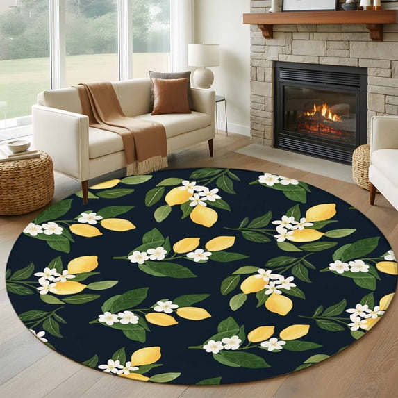 Lemons Leaves Round Area Rug 6Ft Washable Circle Rugs for Bathroom Office, Summer Fruits Floral Botanical Black Non-Slip Carpet Floor Mats Indoor Outdoor Carpet Runner Aesthetic Home Decor