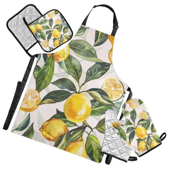 Lemons Leaves Vintage Apron Set with Oven Mitts Pot Holders Set of 5 Kitchen Stuff Accessories