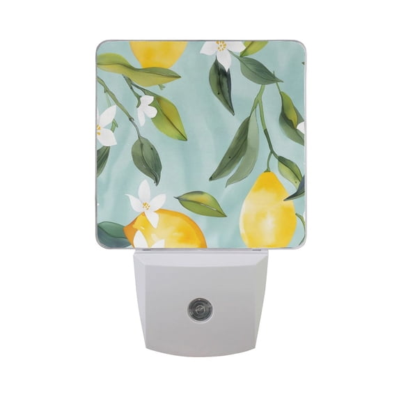 Lemons Leaves White Florals Watercolor LED Night Light with Smart Sensor Plug Into Wall Dusk to Dawn 2 packs
